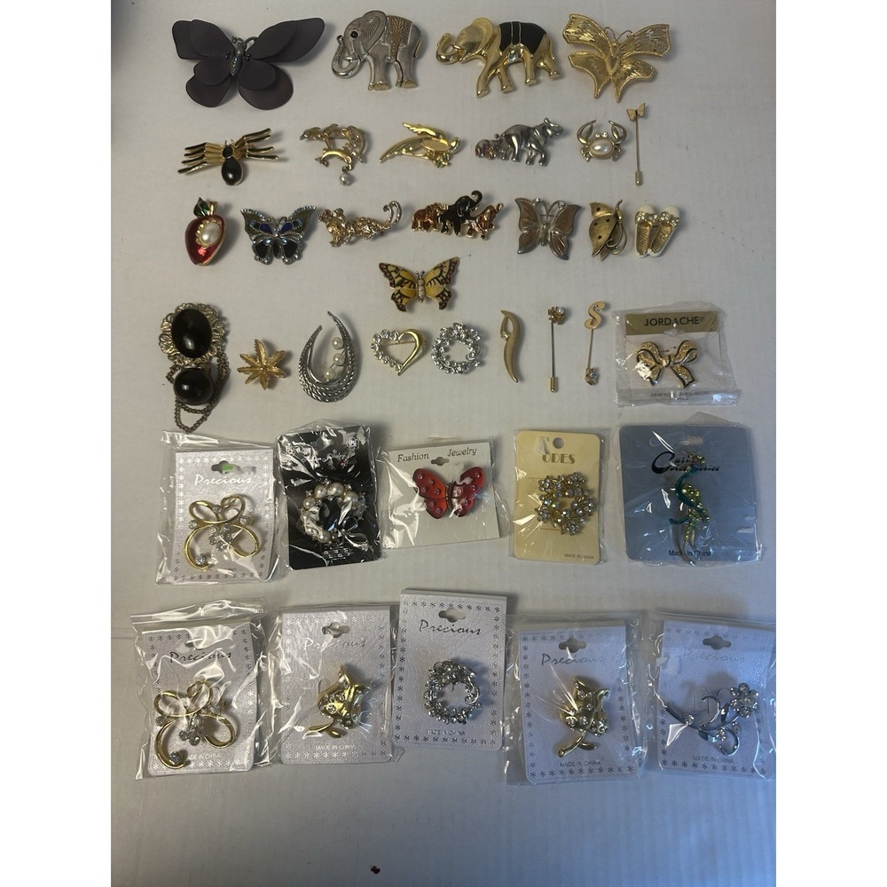 Huge Vintage Costume Jewelry Brooch Pin Lot 37pc Rhinestone Enamel Animal New